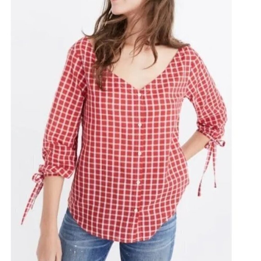 Madewell Plaid Off the Shoulder Top in Red Size S